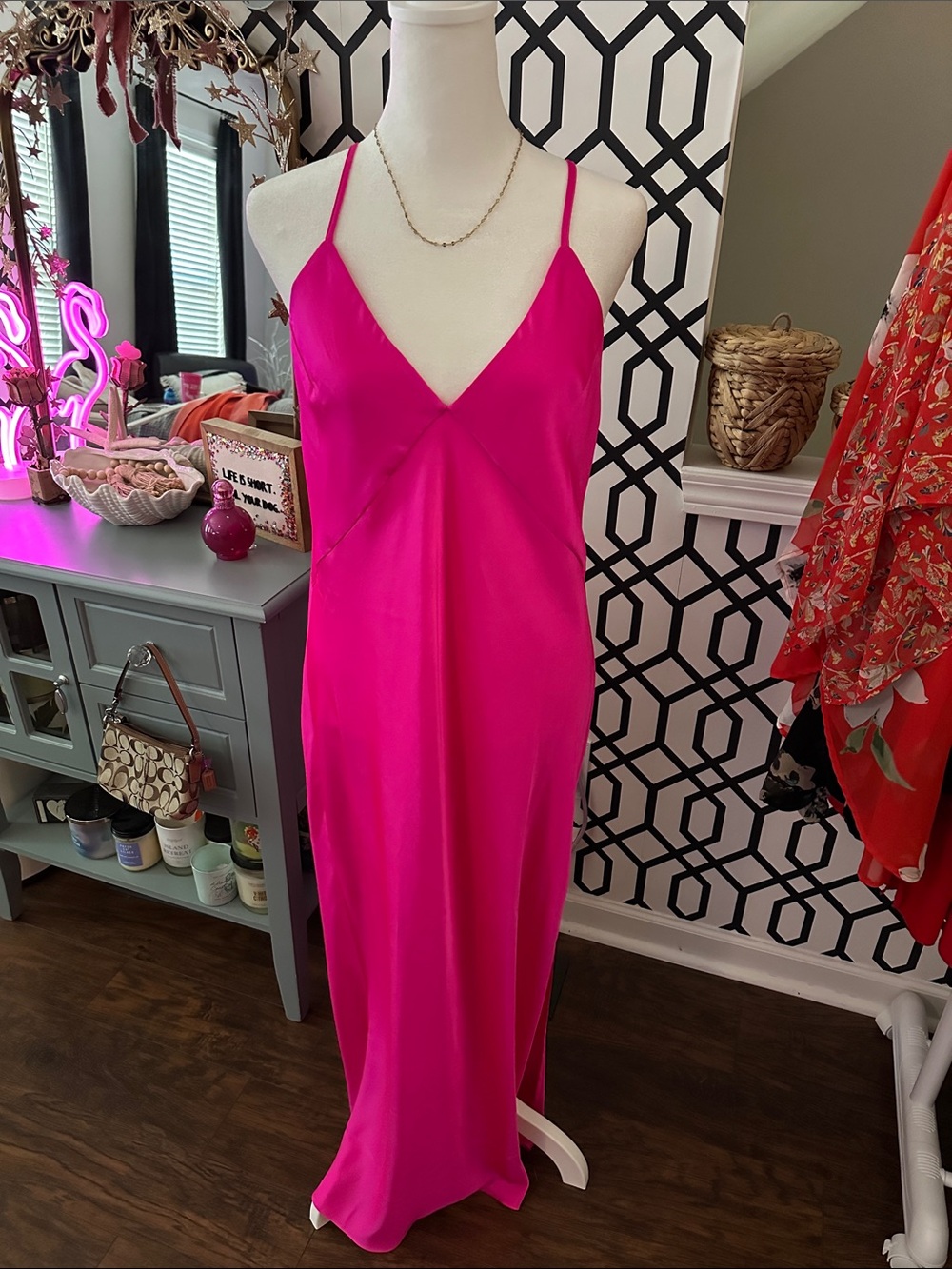a new day Hot Pink Slip Maxi Dress with V-Neck & Spaghetti Straps